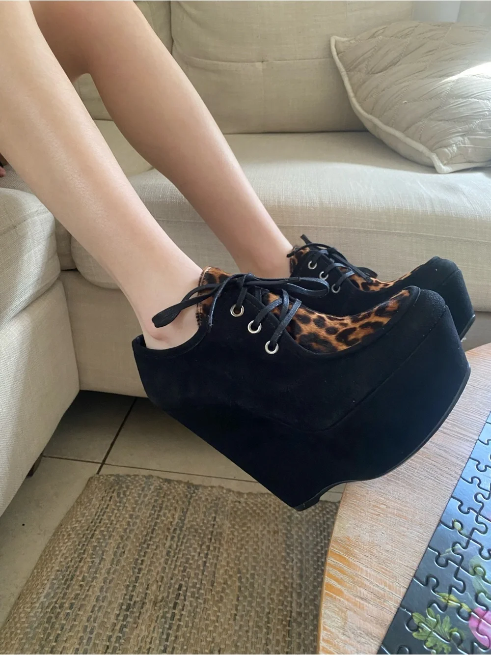 Stuart Weitzman Black Suede Platform Wedges with Leopard Accent